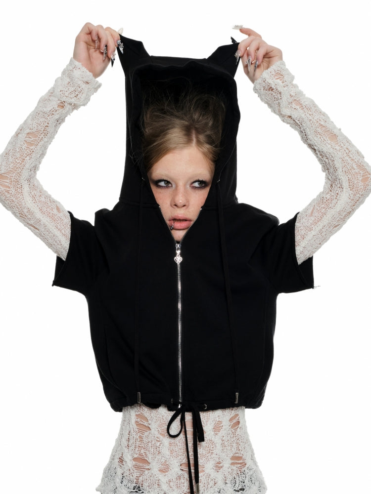 Black & White Cat-ear Short-sleeve Hoodie - CHINASQUAD