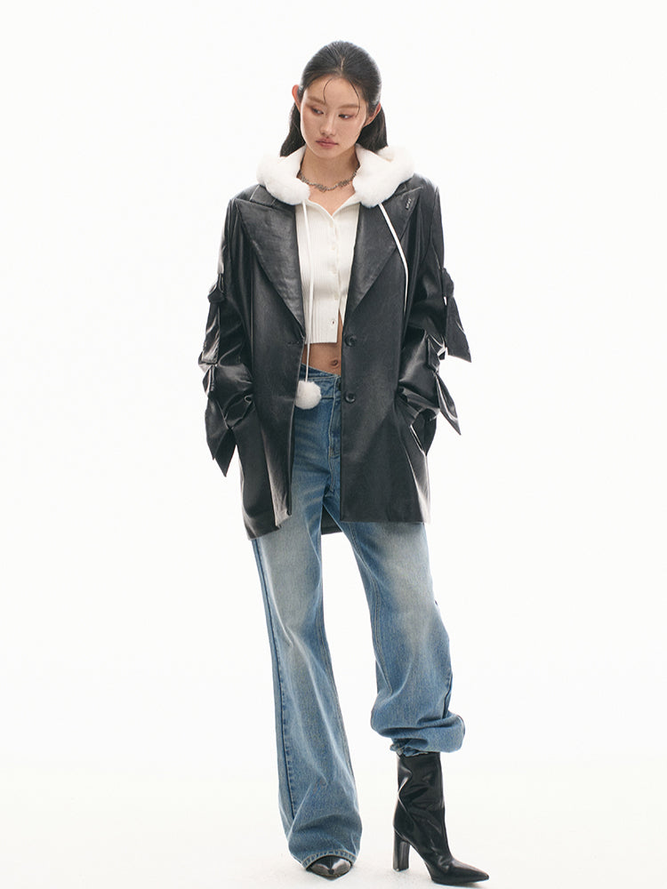 Textured Loose-Fit Embroidered Leather Jacket - CHINASQUAD