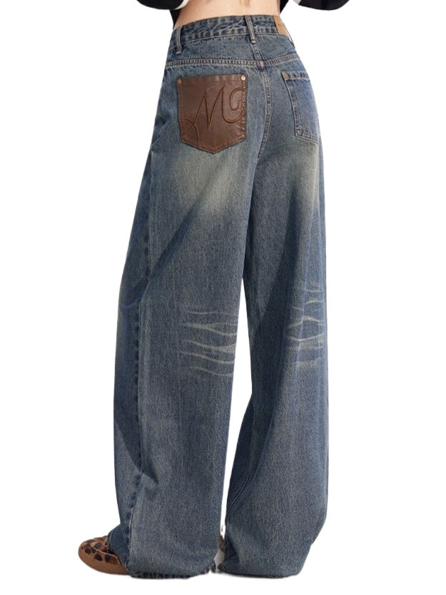 Leather-Patch Wide-Leg Cotton Jeans - CHINASQUAD