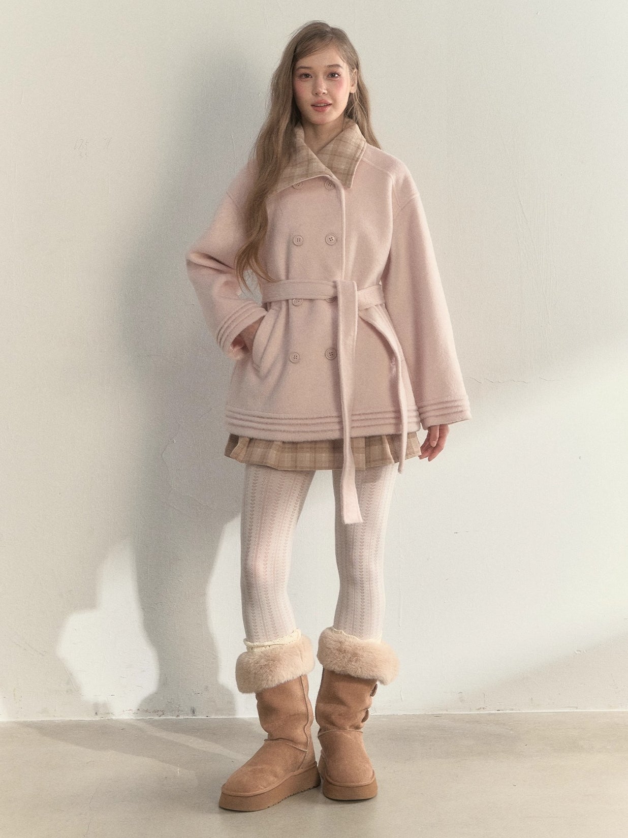 Khaki & Misty Pink Plaid Collar & Belt Wool Coat