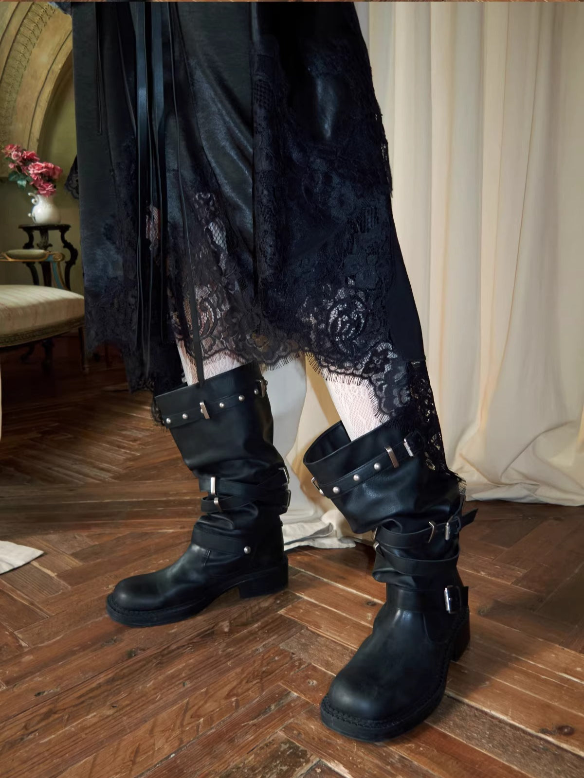 Multi-Strap Studded Mid-Calf Biker Boots