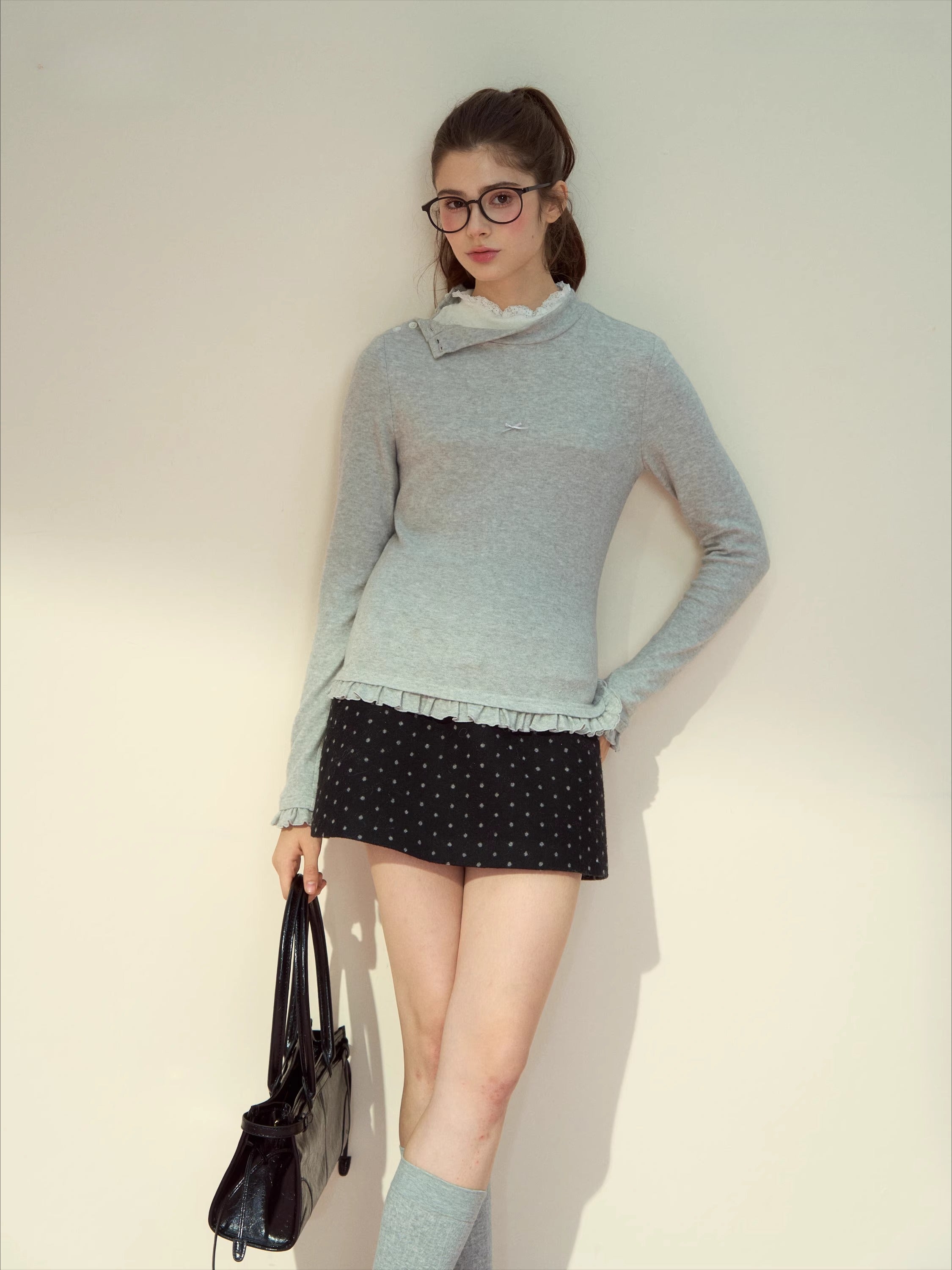 Layered Lace-Texture Mock Neck Knit T-Shirt - CHINASQUAD