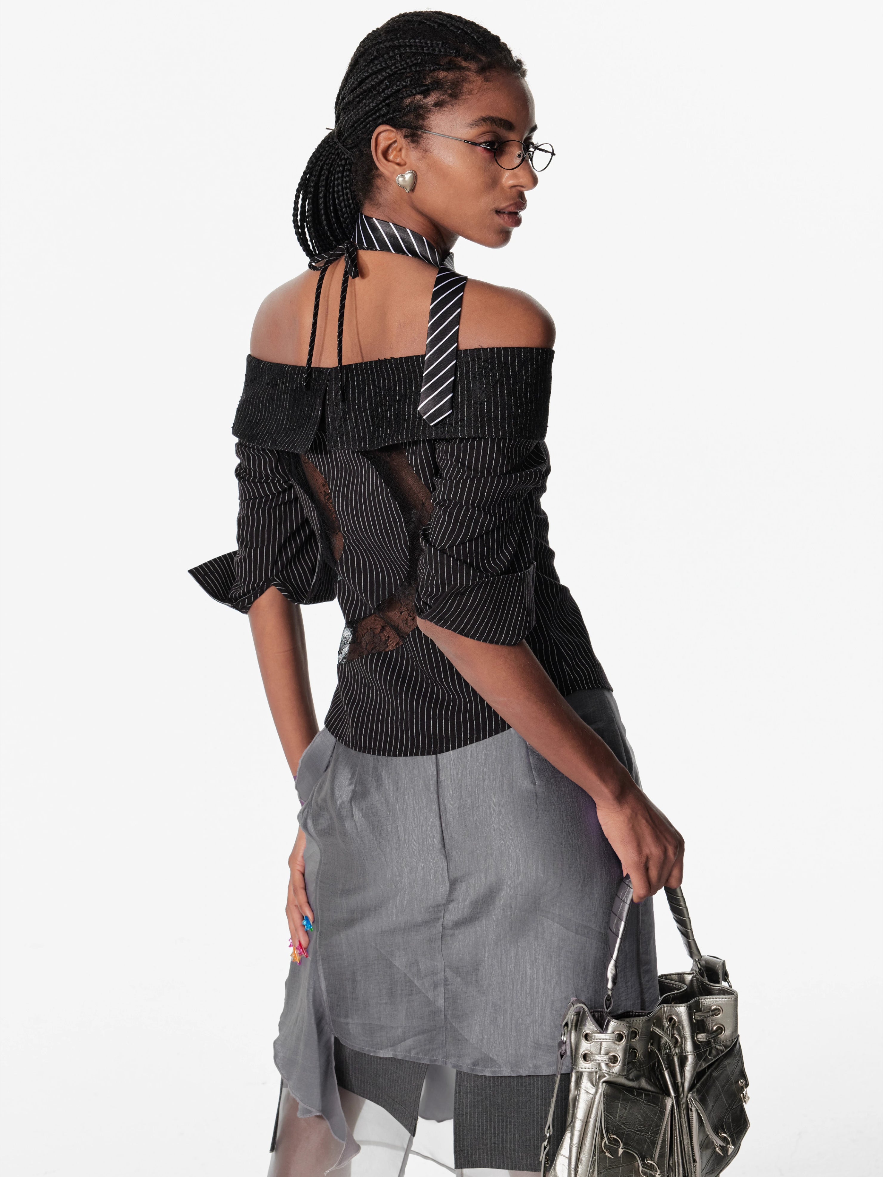 Lace Shoulder Strap Off-Shoulder Shirt - CHINASQUAD