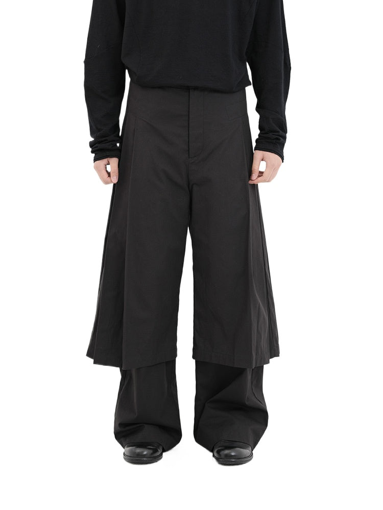 Black & Dark Brown Double-Pleated Skirt Pants - CHINASQUAD