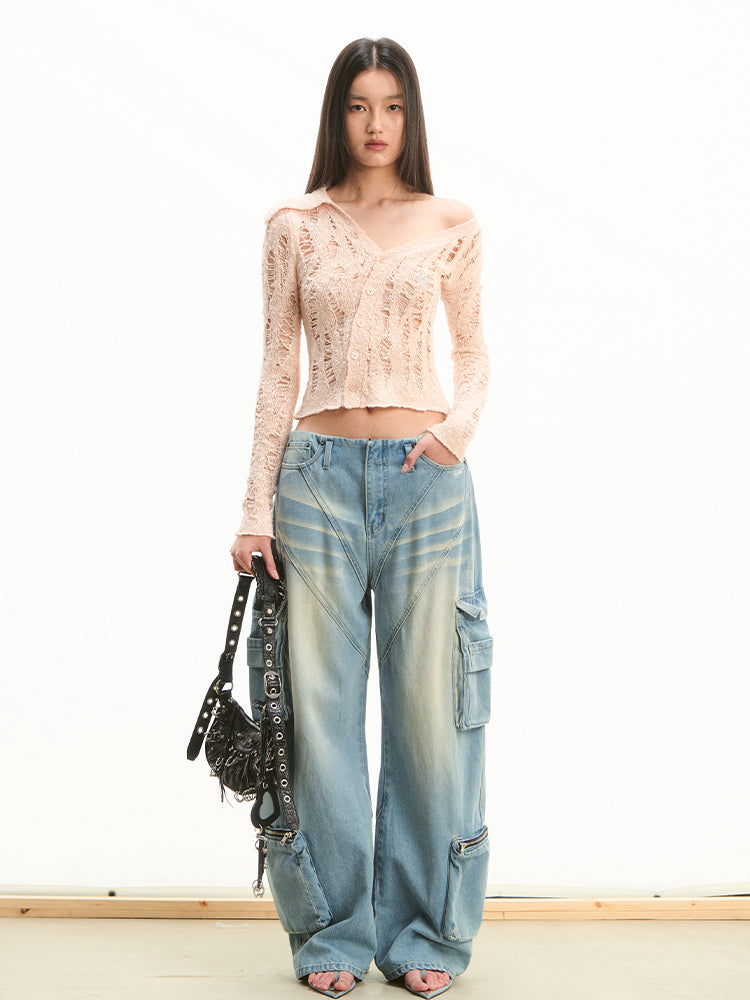 Low-Waist Relaxed Fit Washed Denim Jeans - CHINASQUAD