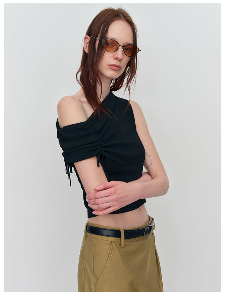 Asymmetric Drawstring Ruched One-Shoulder Blouse