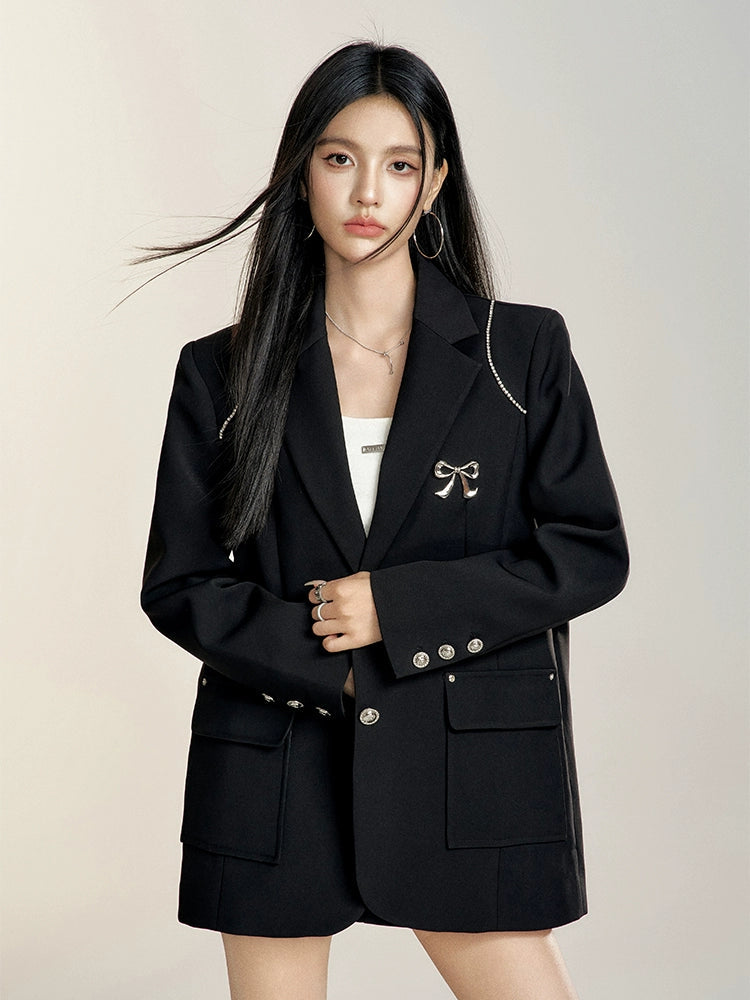 Black & Khaki Suit Collar Bow-tie Blazer - CHINASQUAD