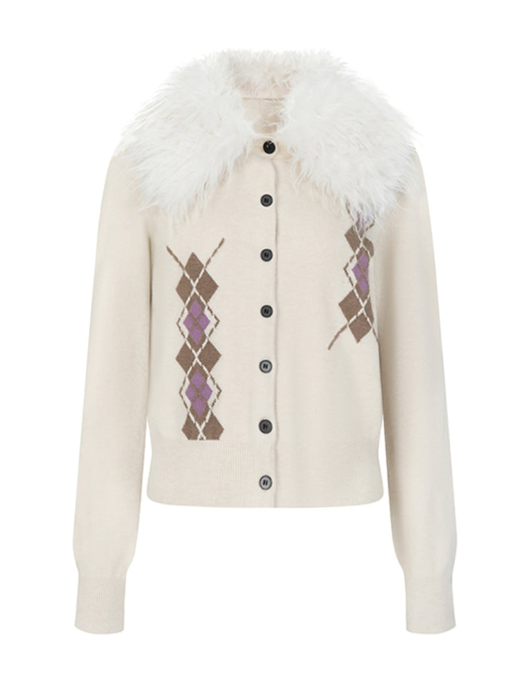 Detachable Fur Collar Quilted Knit Cardigan - CHINASQUAD