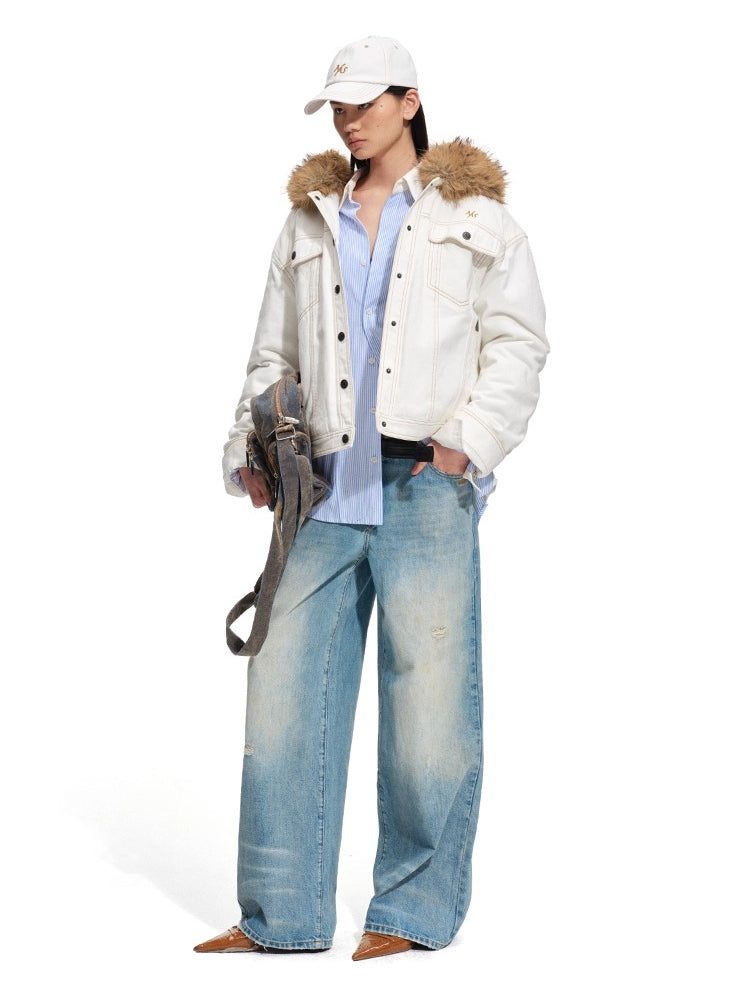 Polar Cotton Eco Fox Fur Collar Denim Jacket