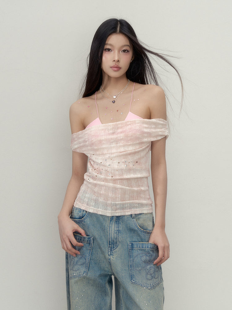 Colorful Rhinestone One-Shoulder Top T-shirt - CHINASQUAD