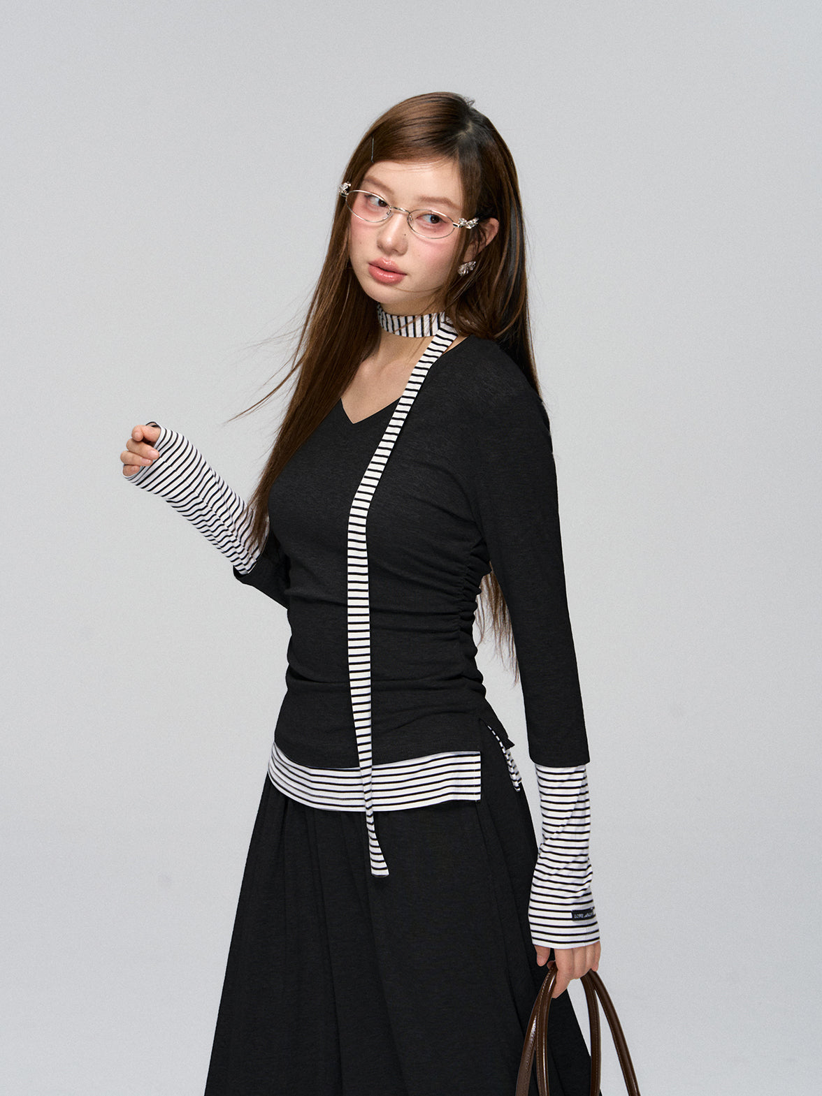 Striped Layered V-neck Knit & Skirt Set - CHINASQUAD