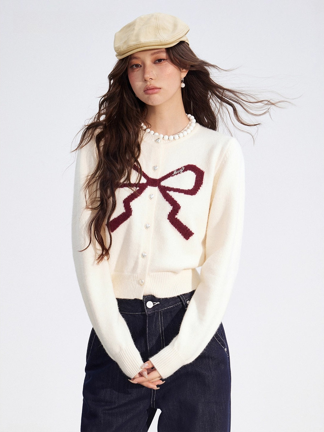 Bow Detail Cropped Knit Cardigan