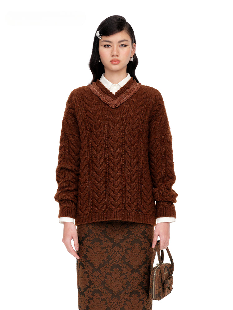 Gray & Brown V-Neck Cable Knit Pullover - CHINASQUAD