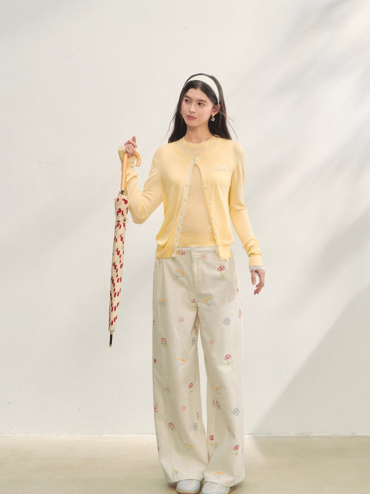 Lace Trimmed Crew Neck Knitted Cardigan Set - CHINASQUAD