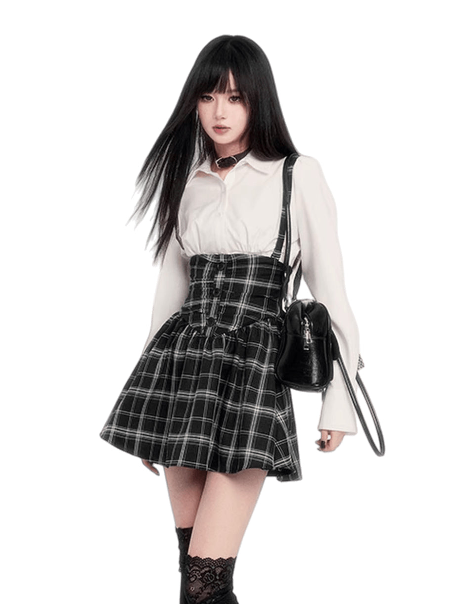 High-Waist Corset Plaid Suspender Skirt