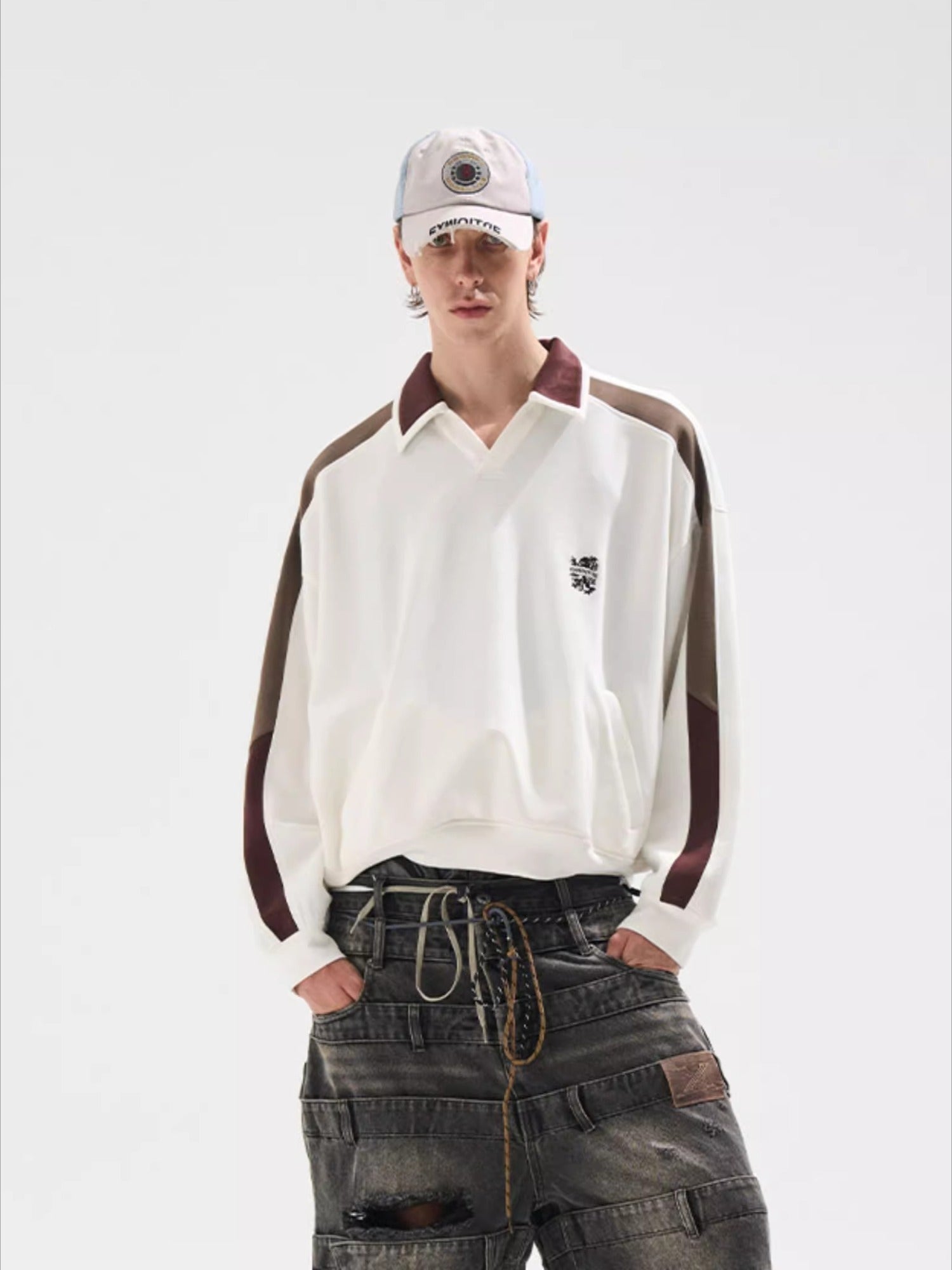 Contrast Panel Embroidered Polo Sweatshirt - CHINASQUAD