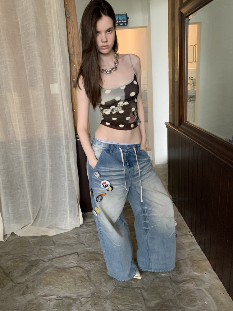Light Blue Mud-Dyed Badge Wide-Leg Jeans - CHINASQUAD