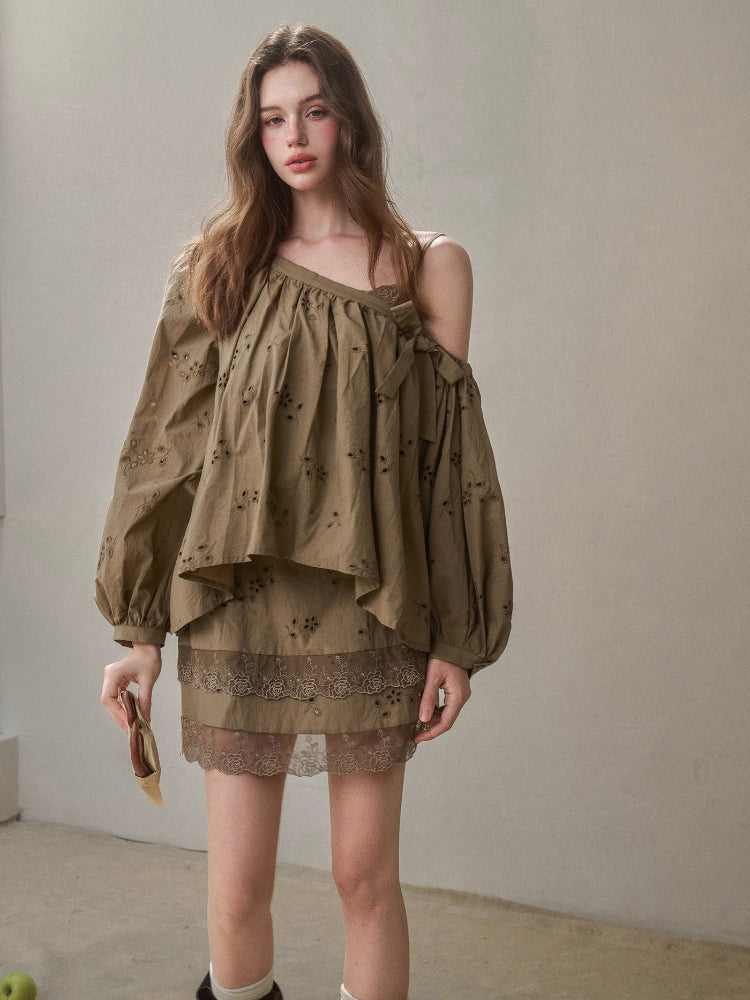 Embroidered Off Shoulder Blouse & Skirt Set