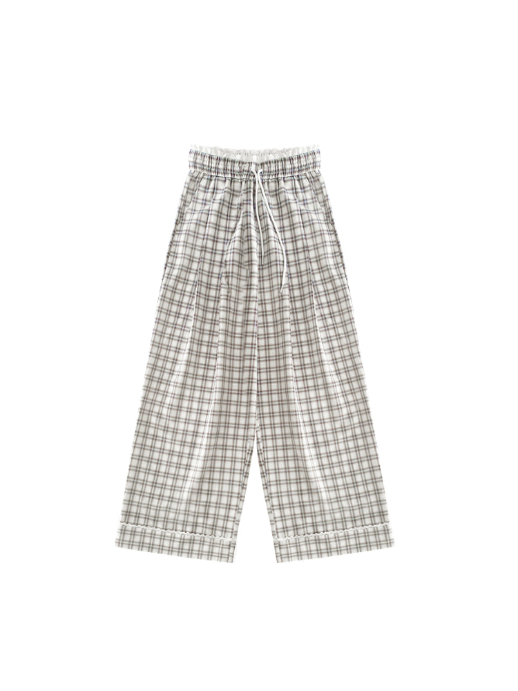 Lace-Trimmed Plaid Wide-Legged Pants - CHINASQUAD