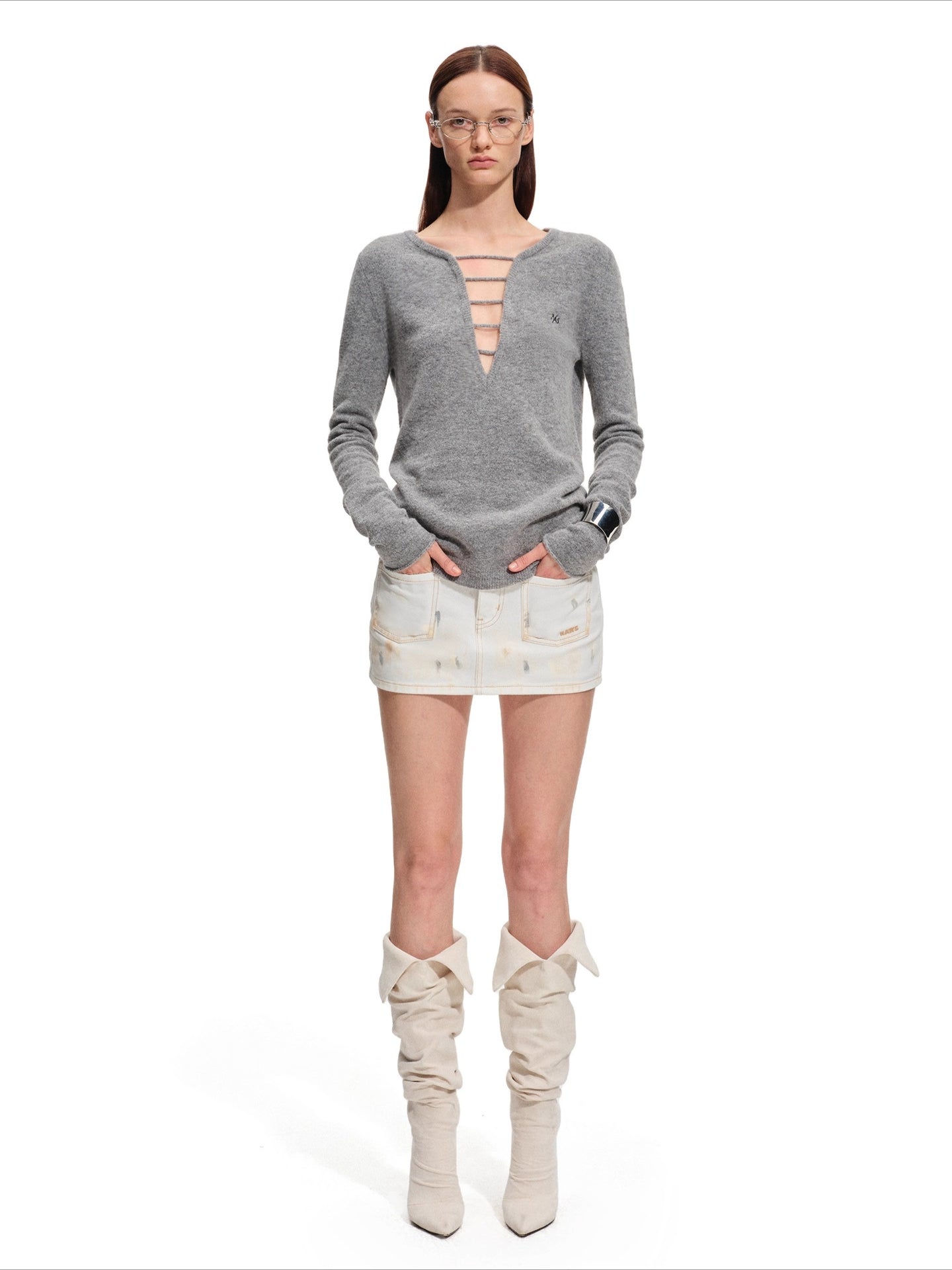 Wool Deep-V Textured Knit Sweater