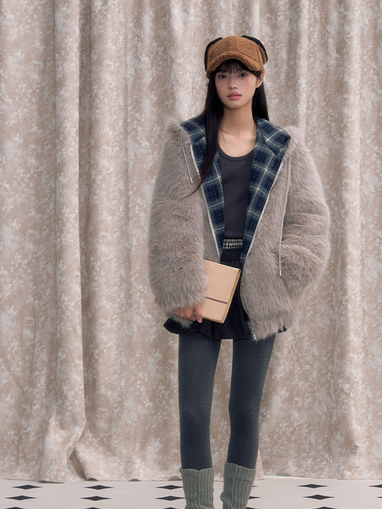 Plaid Spliced Eco-friendly Faux Fur Coat - CHINASQUAD