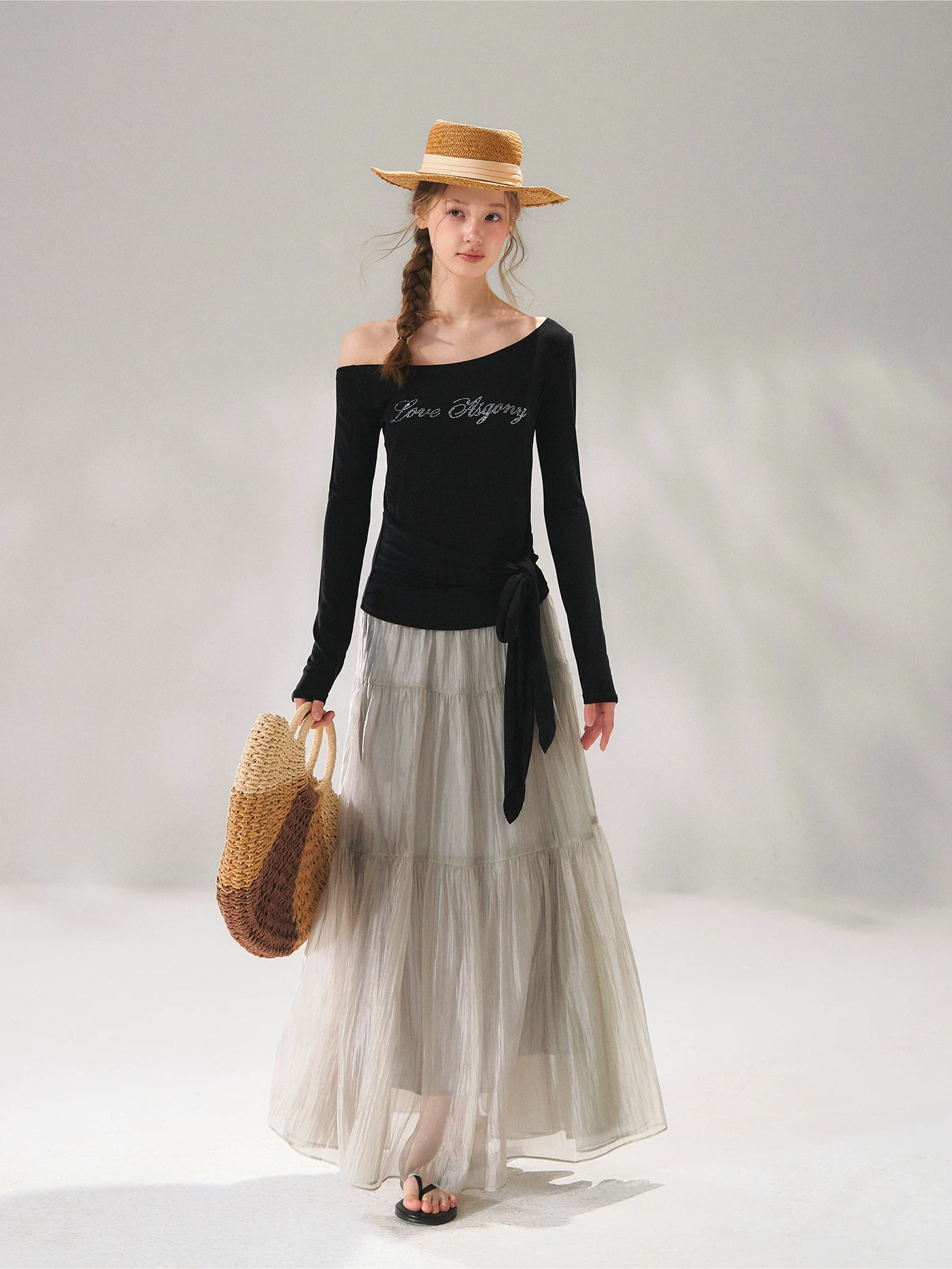 Pearlescent Textured Tiered A-Line Midi Skirt