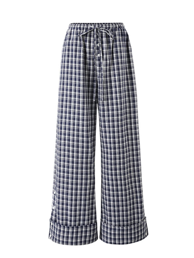 Flapped Loose Navy Checkered Pants - CHINASQUAD