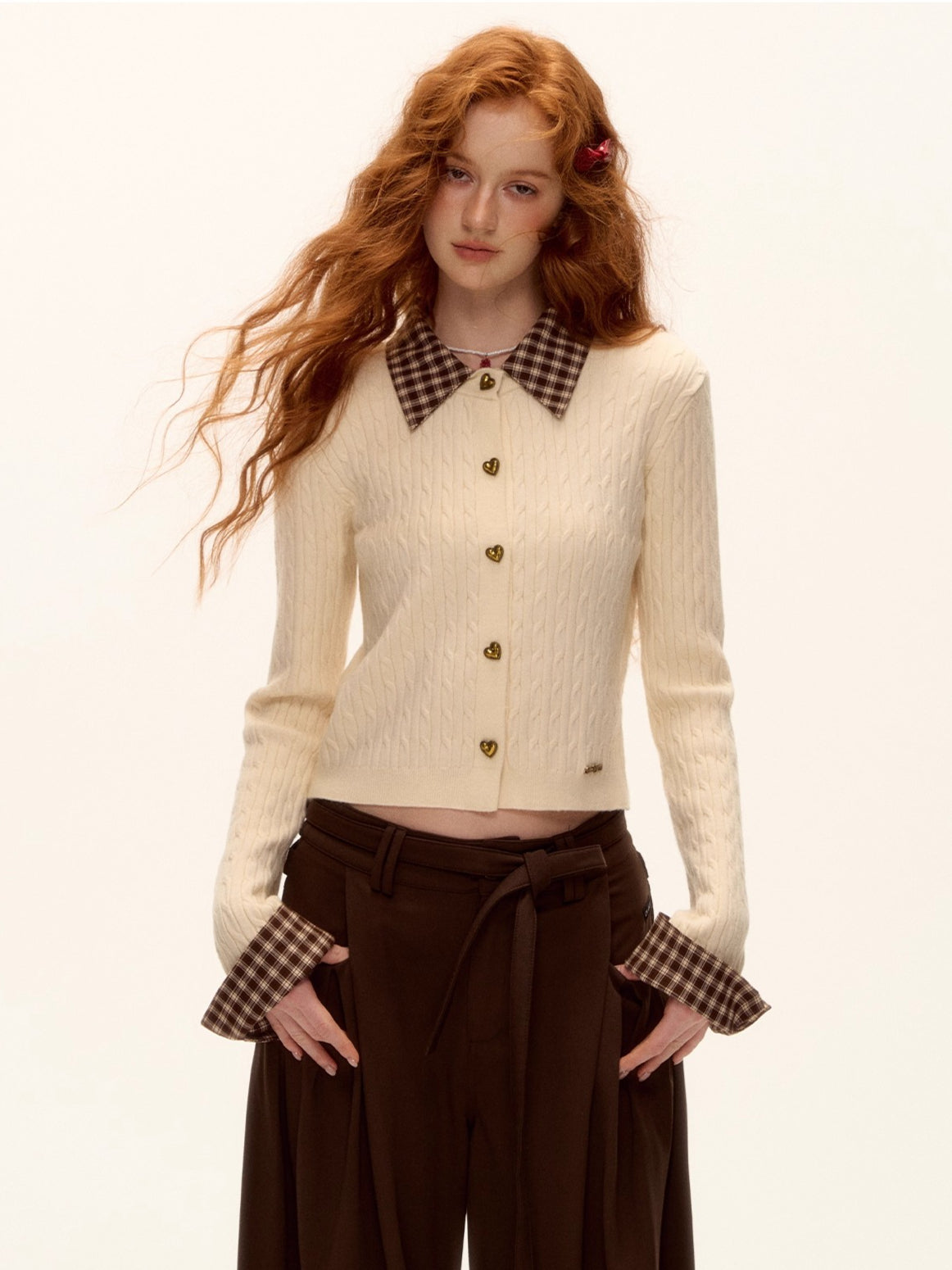 Wool Blend Plaid Patchwork Cable Knit Cardigan