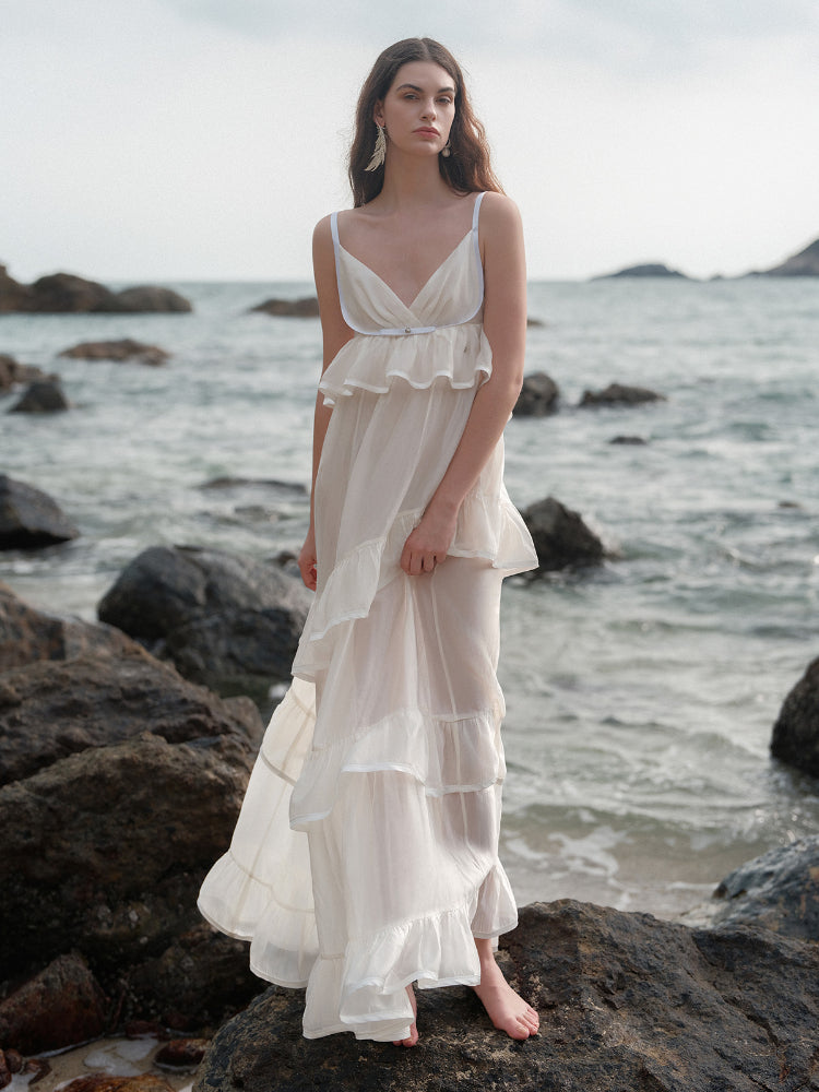 Ruffled Spaghetti Strap Backless Dress - CHINASQUAD
