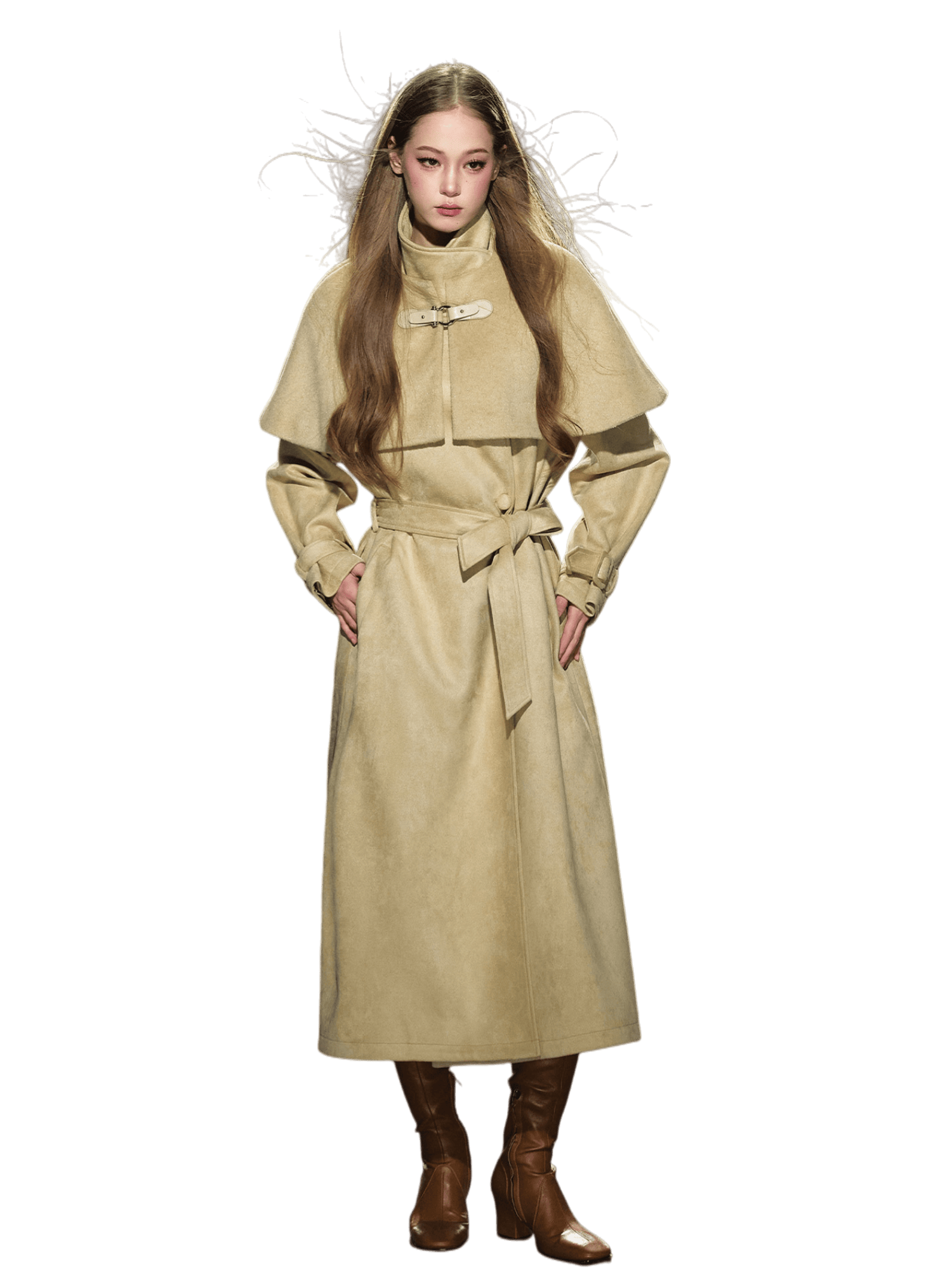 Shimmer Wool Cape Overlay & Suede Long Detachable Belt Coat