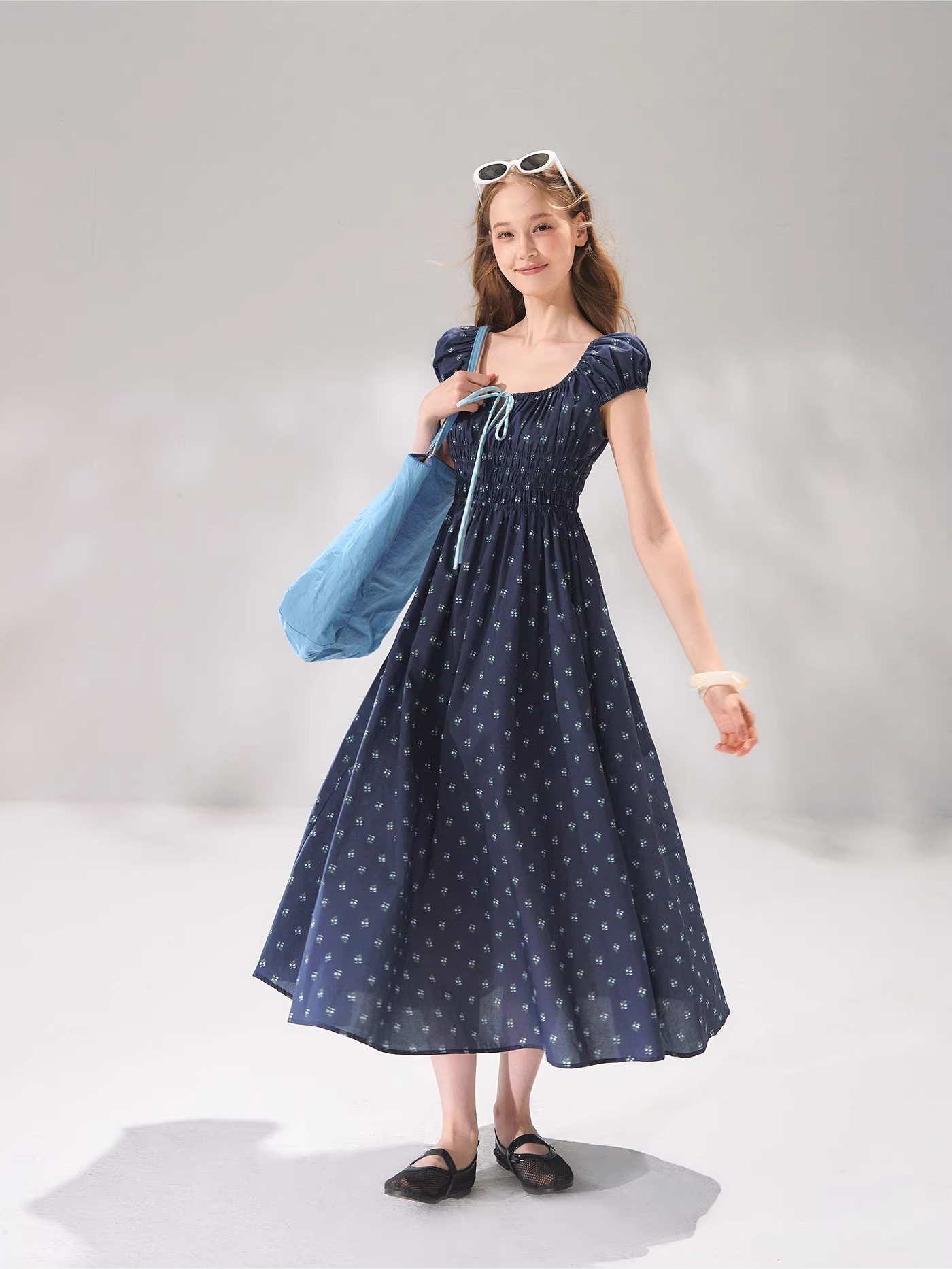 French Floral Tie-Waist Square Neck Puff Sleeve Dress