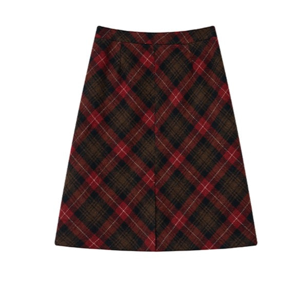 Vintage Plaid Wool-Blend Midi Skirt