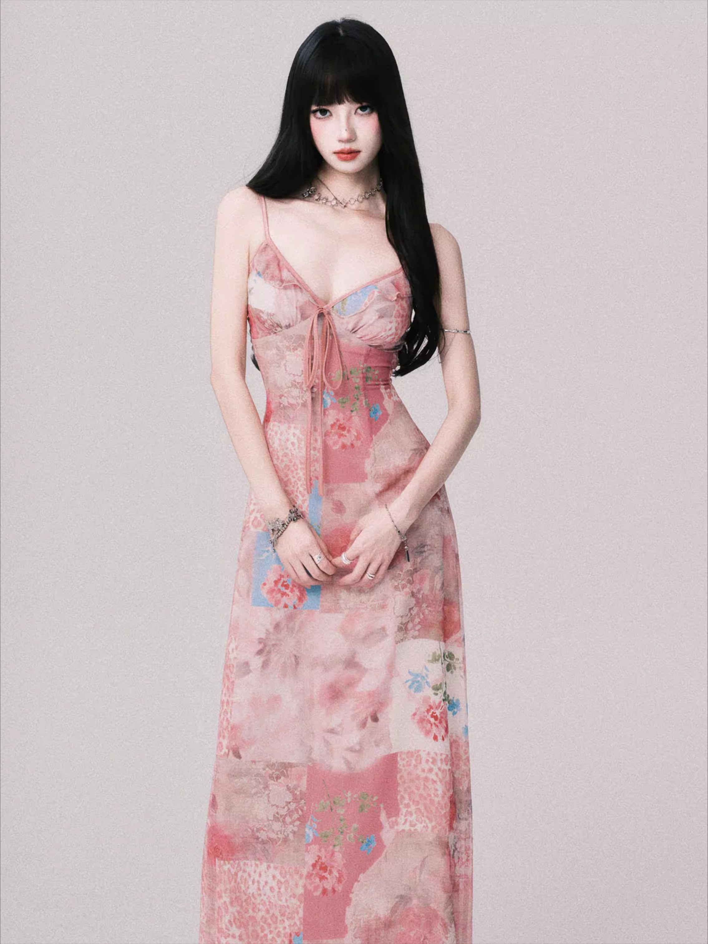 Floral V-Neck Spliced Print Slip Dress