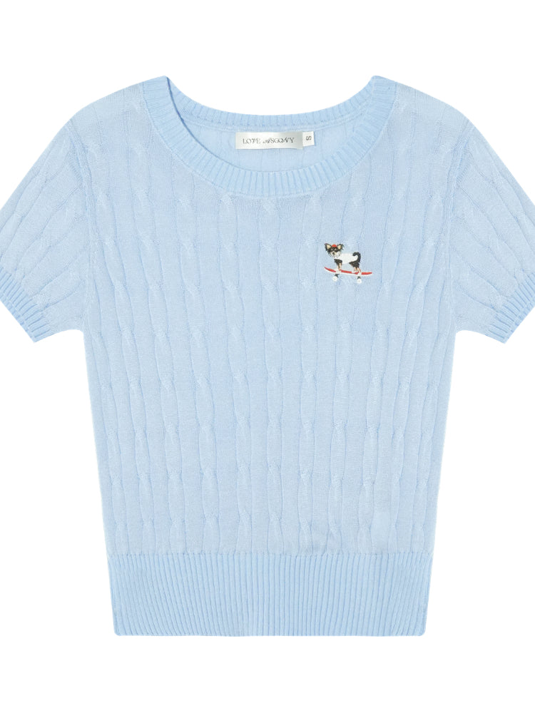 Puppy Embroidered Regular-shoulder Twist Knit T-shirt - CHINASQUAD