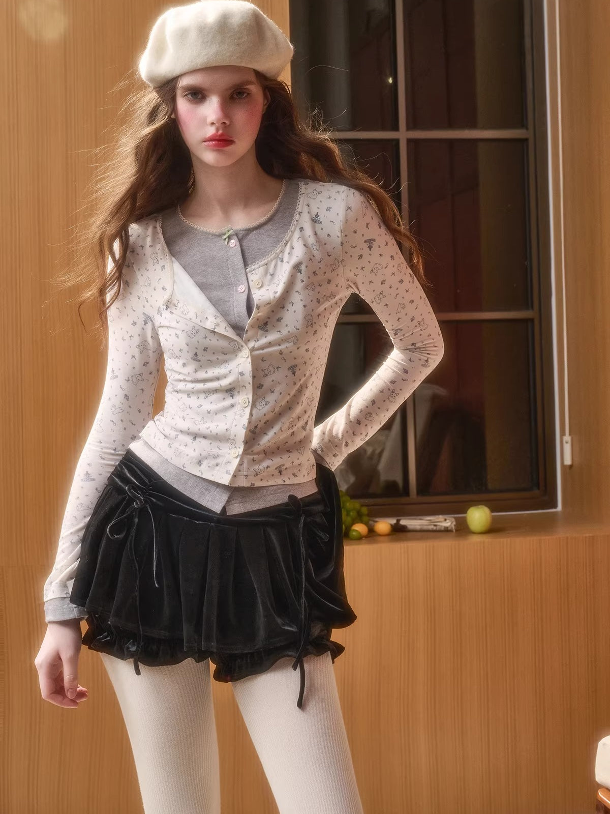 Cotton Layered-Effect Printed Cardigan