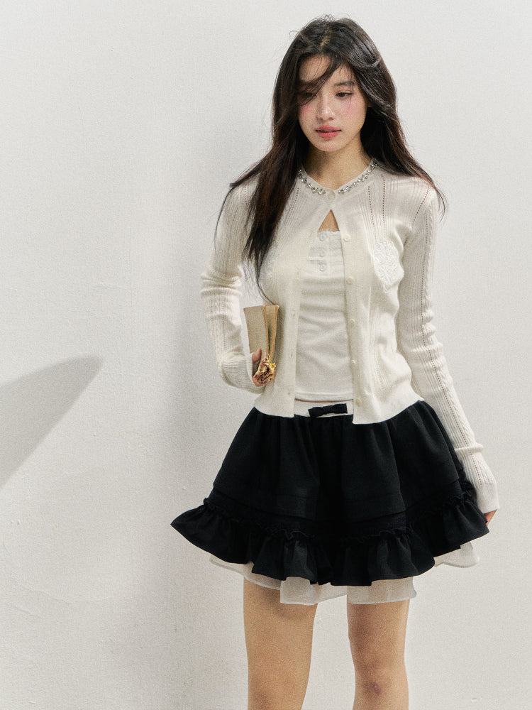 Handmade Rhinestone Collar Rose-Embroidered Knitted Cardigan - CHINASQUAD