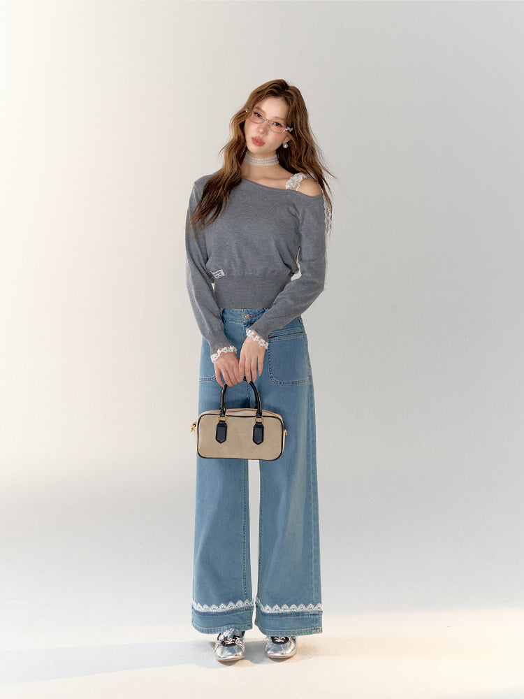 Lace Band Straight-leg Denim Jeans - CHINASQUAD