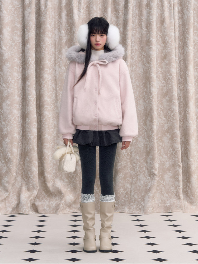 Pink Bow Tie Hooded Fur Baseball Jacket - CHINASQUAD