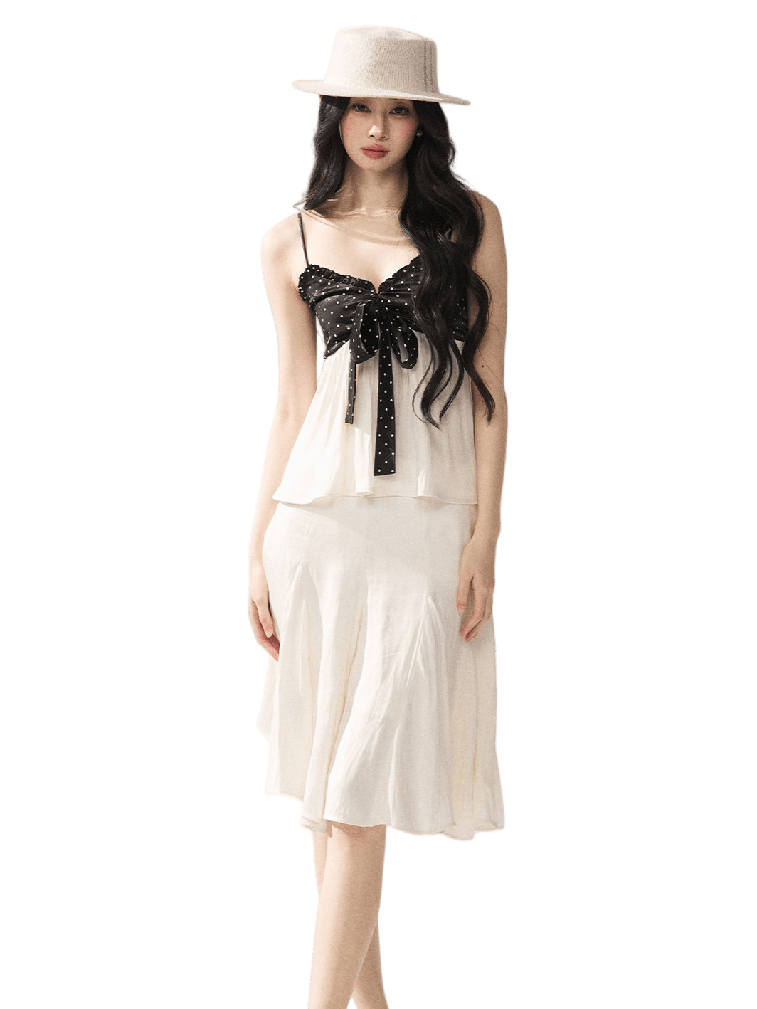 Polka Dot Camisole & Bow Detail Midi Skirt Set