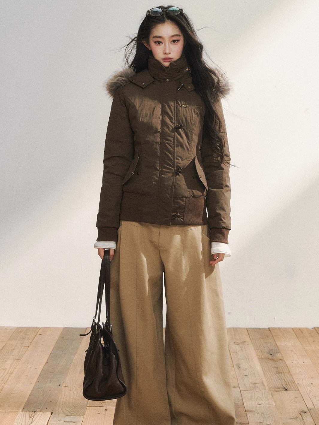 Khaki Tailored Low-Waist Wide-Leg Trousers - CHINASQUAD