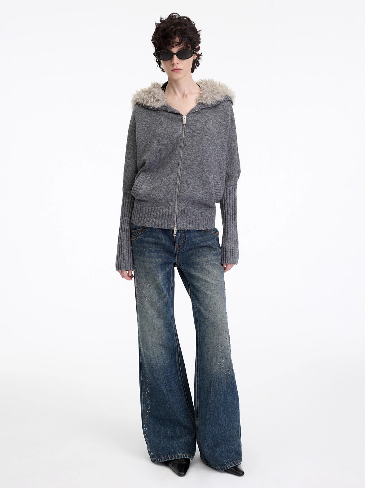 Wool-Blend Hooded Faux Fur Collar Knit Jacket