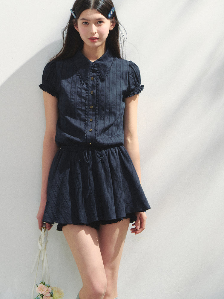 Navy Blue Waist-cinching Dress - CHINASQUAD