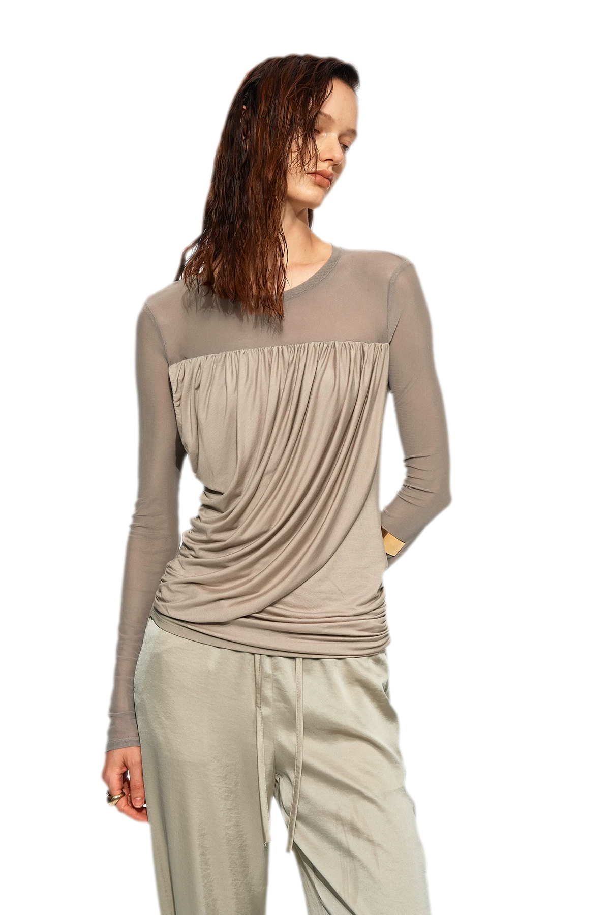 Draped Mesh Long Sleeve Tee