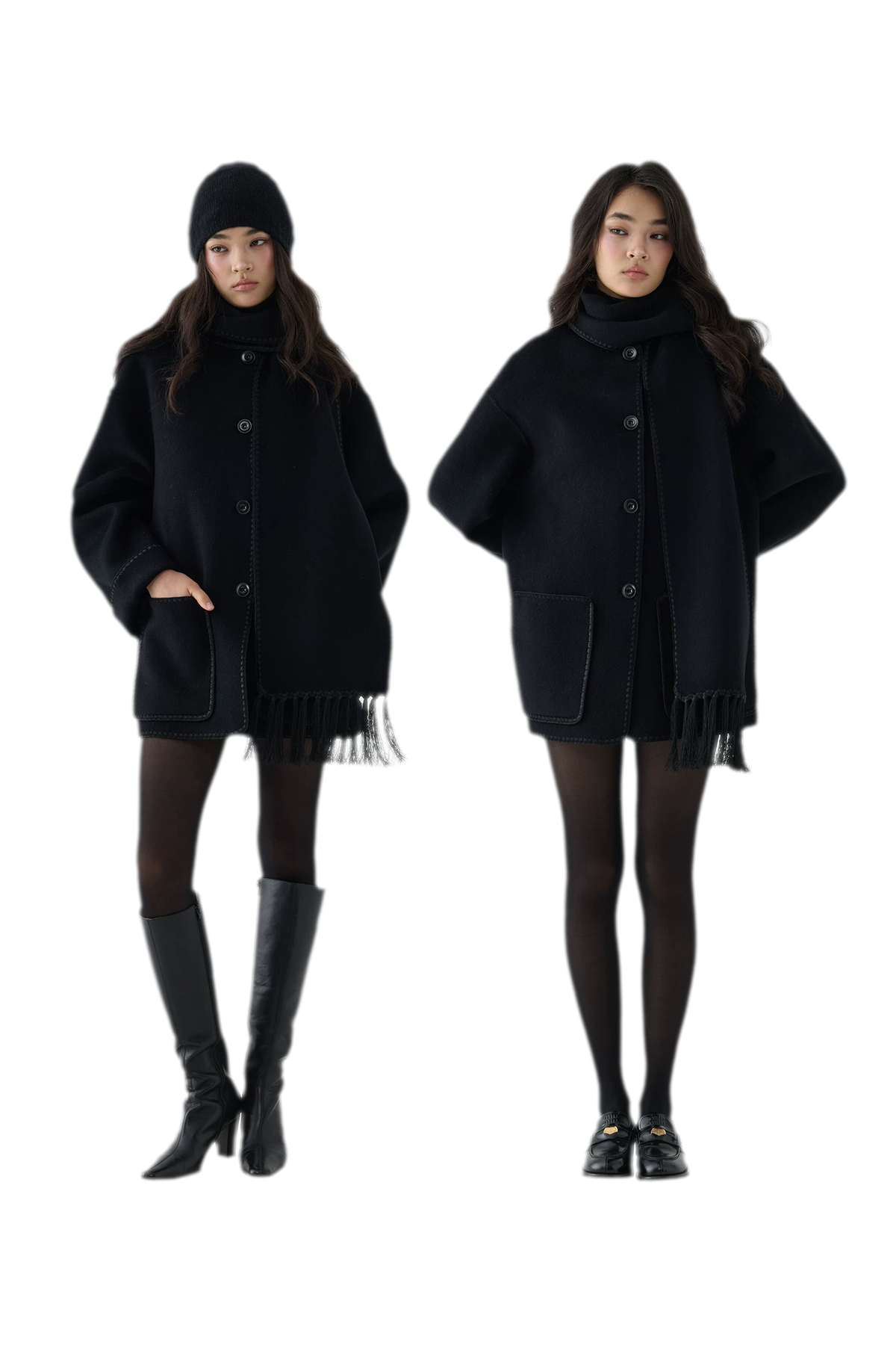 Double-Faced Wool Fringe Cape Coat
