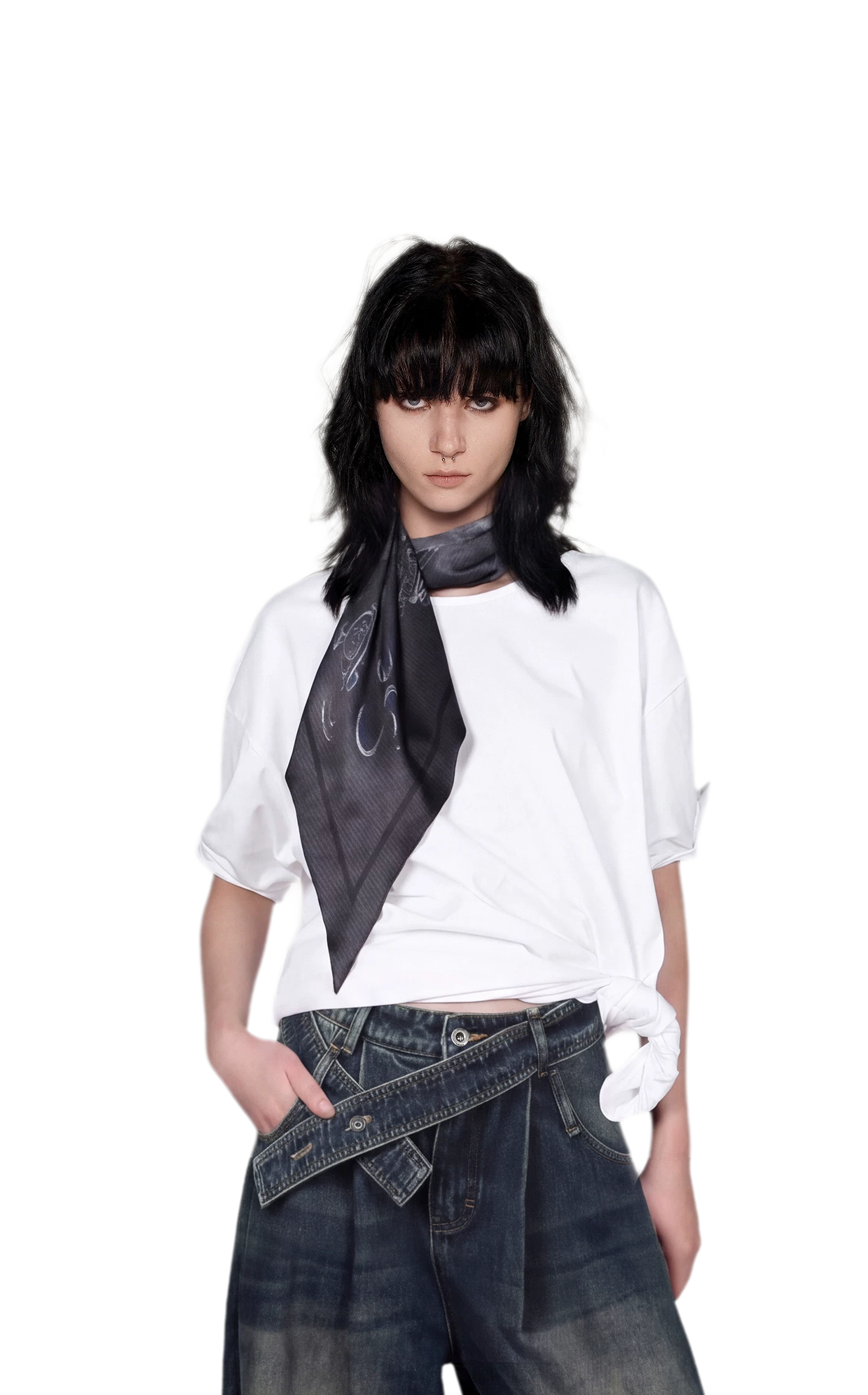 Graphic Scarf Detail Loose T-Shirt