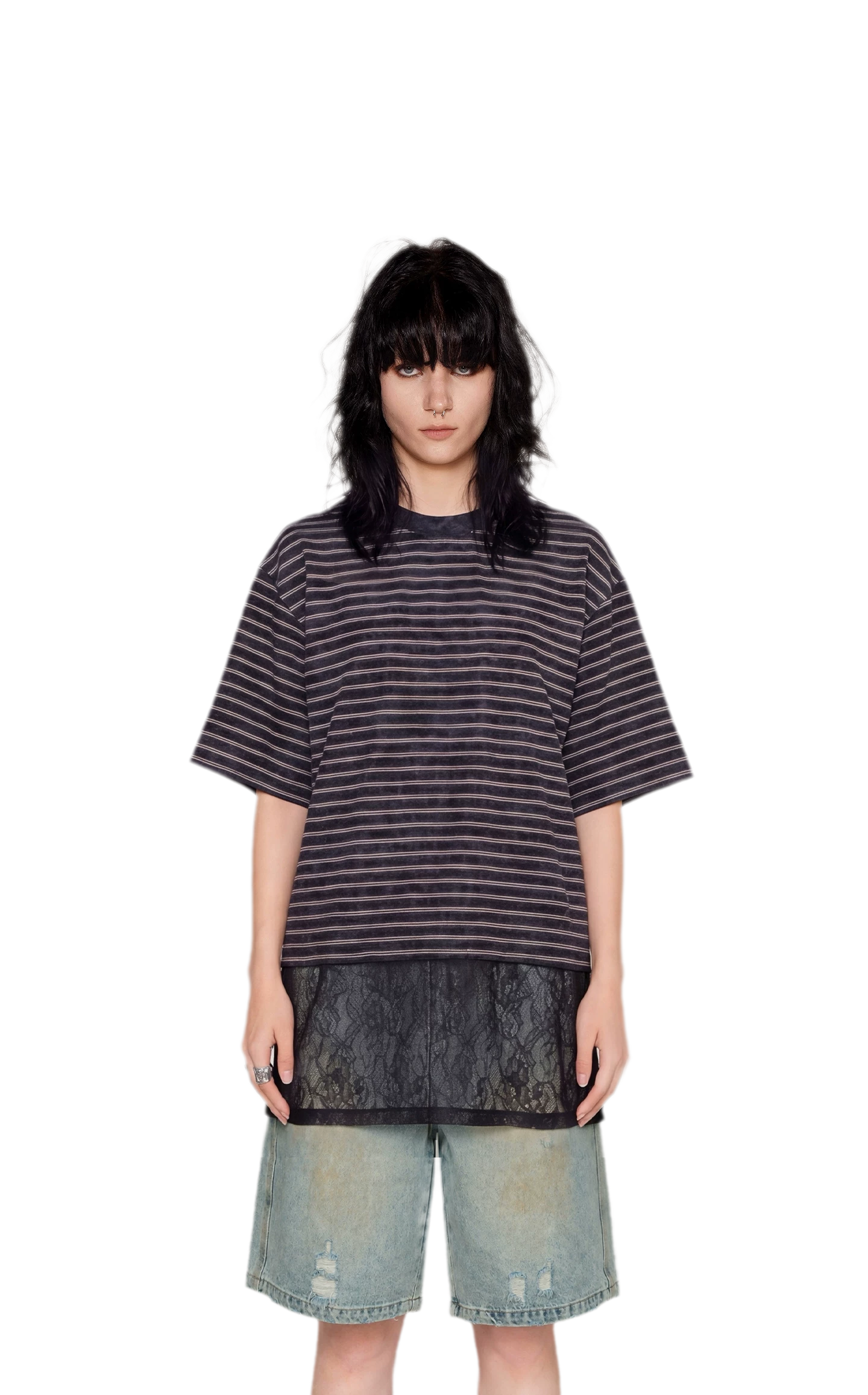Striped Lace Hem T-Shirt