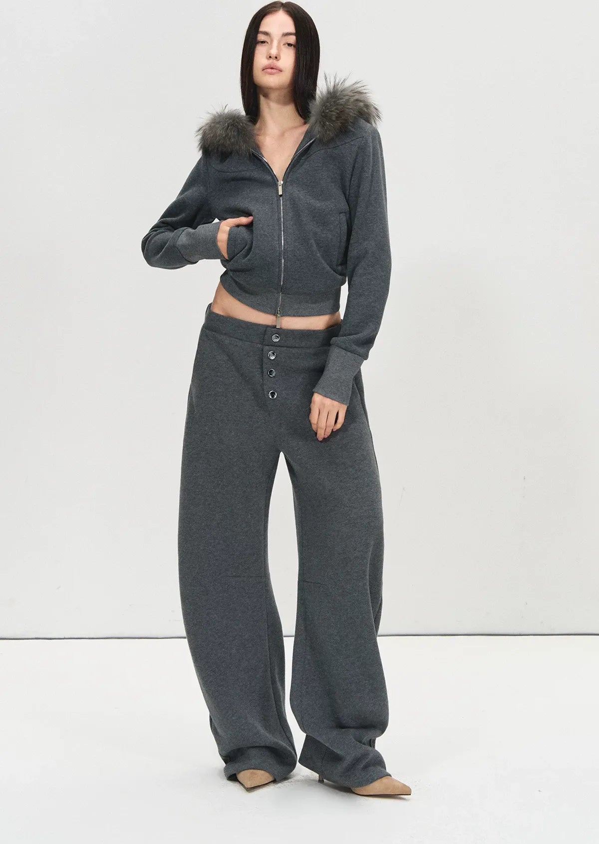 Detachable Fur Collar Fleece Hoodie & Relaxed Pants