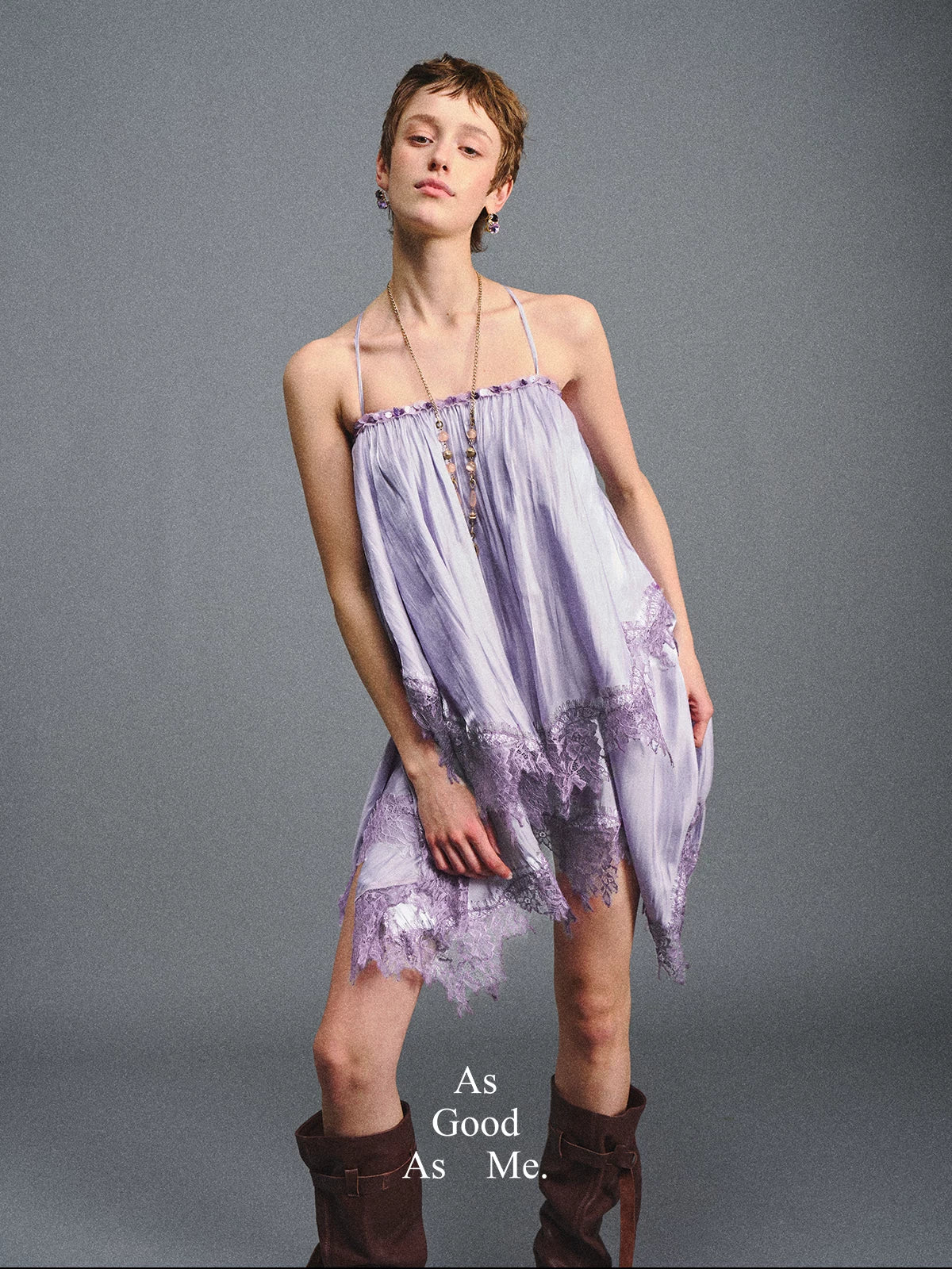 Lavender Galaxy Lace Satin Beaded Strap Dress