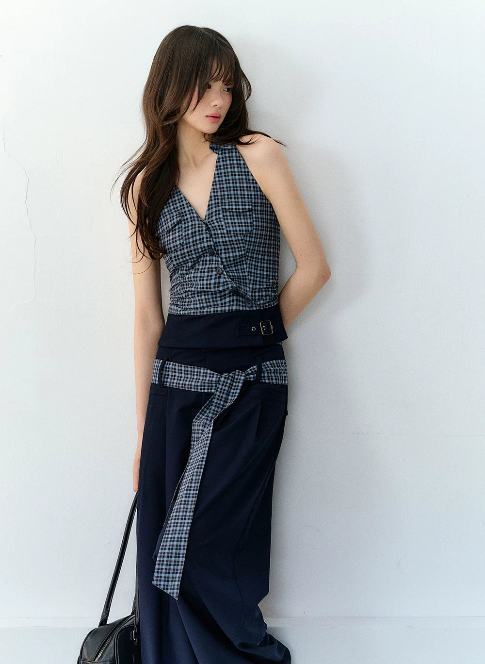 Navy Blue Plaid Two-Piece Set