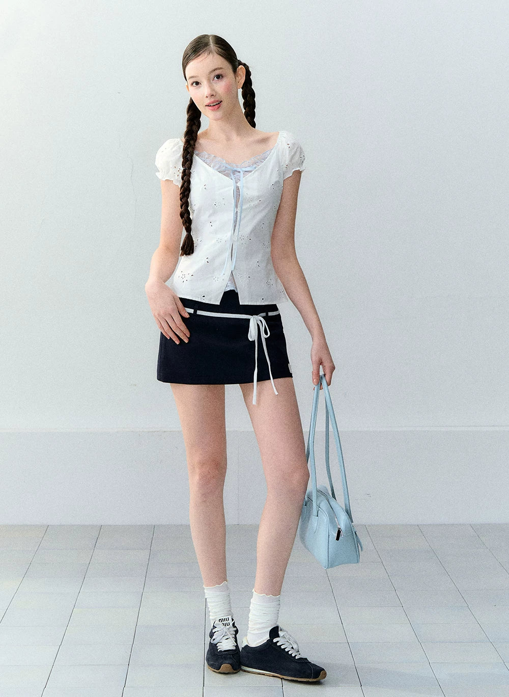 Korean Style Color-Block Tie Waist Shorts Skirt